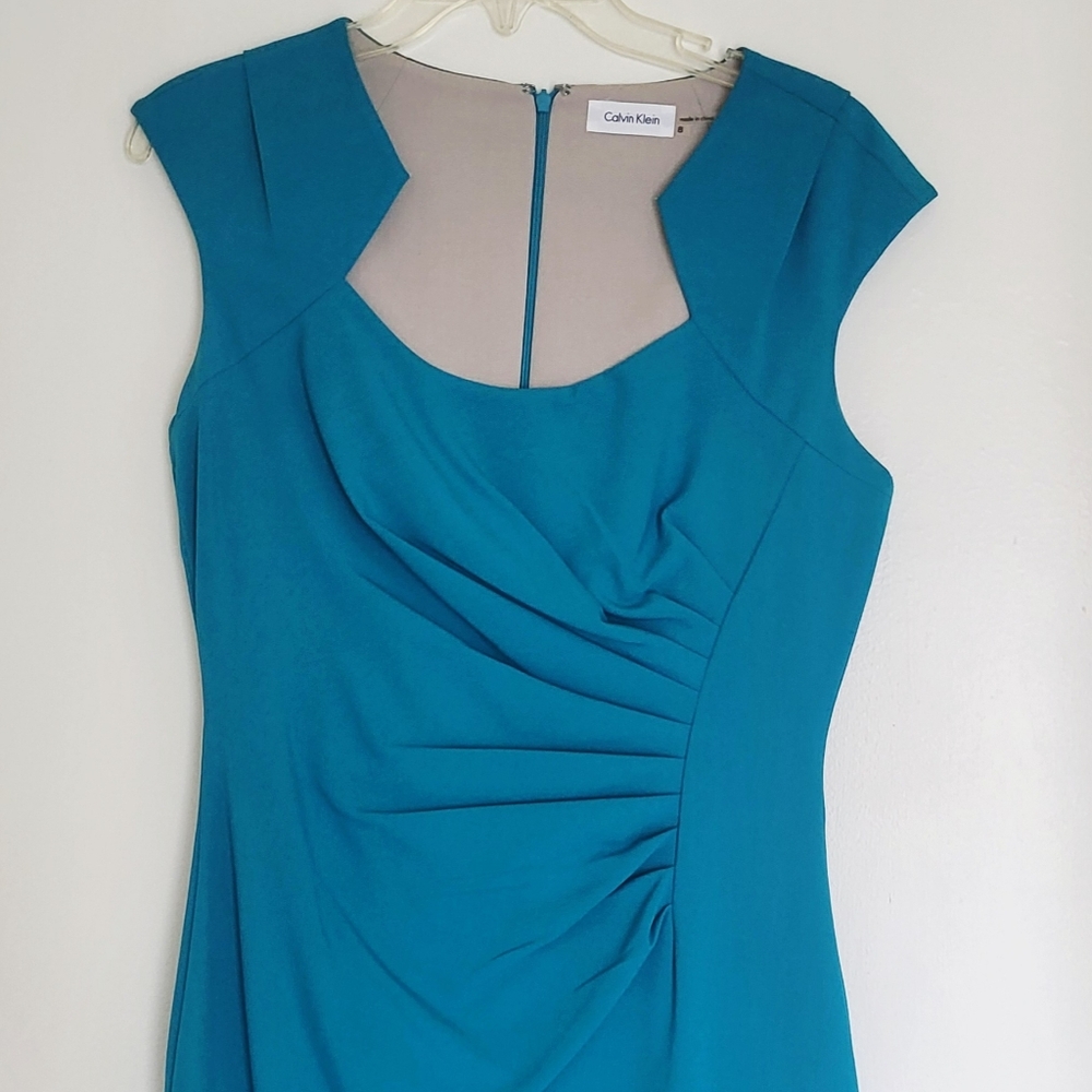 Calvin Klein Turquoise Ruched Dress Womens 8 Horseshoe Neckline Career